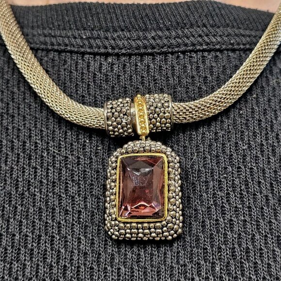 VTG Gothic Necklace Purple Faceted Pendant Magnetic Front Closure Silver Tone - Picture 10 of 10